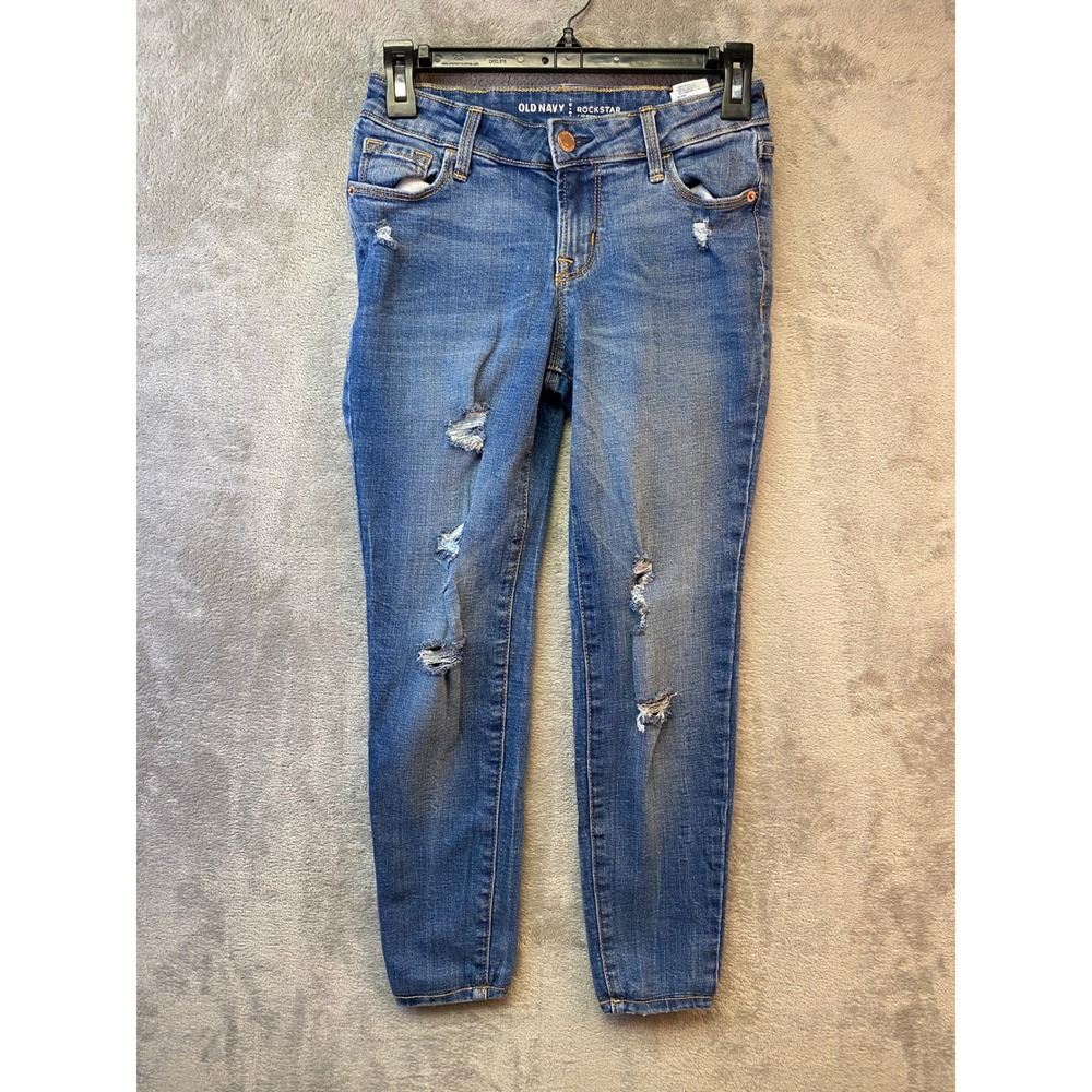 Old Navy Rockstar Mid Rise Distressed Skinny Jeans Blue Size 2 Petite Distressed